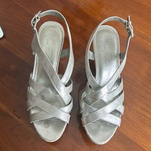 Marc Fisher Silver Gleena Cork Wedge Sandals 7M